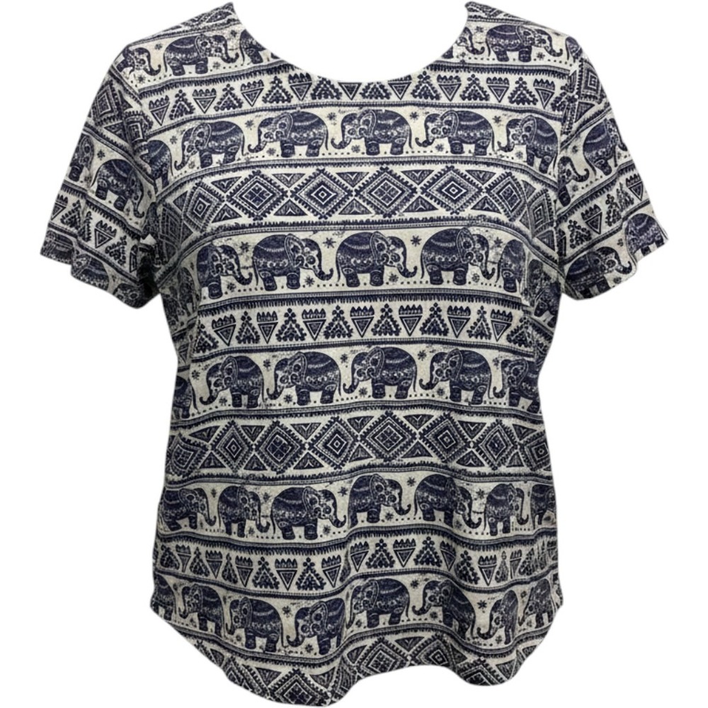 Bon Worth Womens Navy Blue White Elephant Tribal Print Rhinestone Top XL